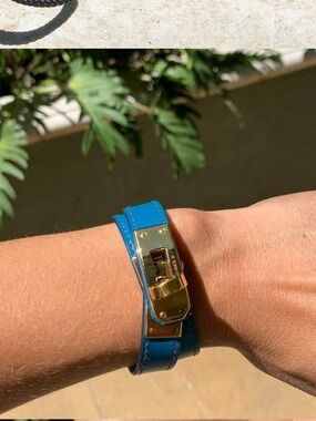 Hermes Teal Blue Leather Kelly Double Tour Bracelet with Gold Hardware